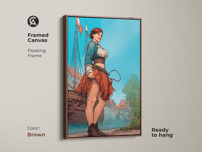 Framed canvas with a brown floating frame showcasing a woman sailor artwork. This vintage style art print is nautical decor for any room. Its red blue turquoise art will enhance coastal living room decor.