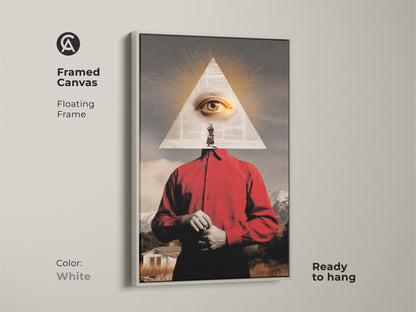 Framed canvas featuring surreal eye mountain collage art in a clean white floating frame. Red and gold landscape wall art ready to hang adds eclectic style. Its symbolic depth makes it a thought-provoking piece a unique gift for art enthusiasts.
