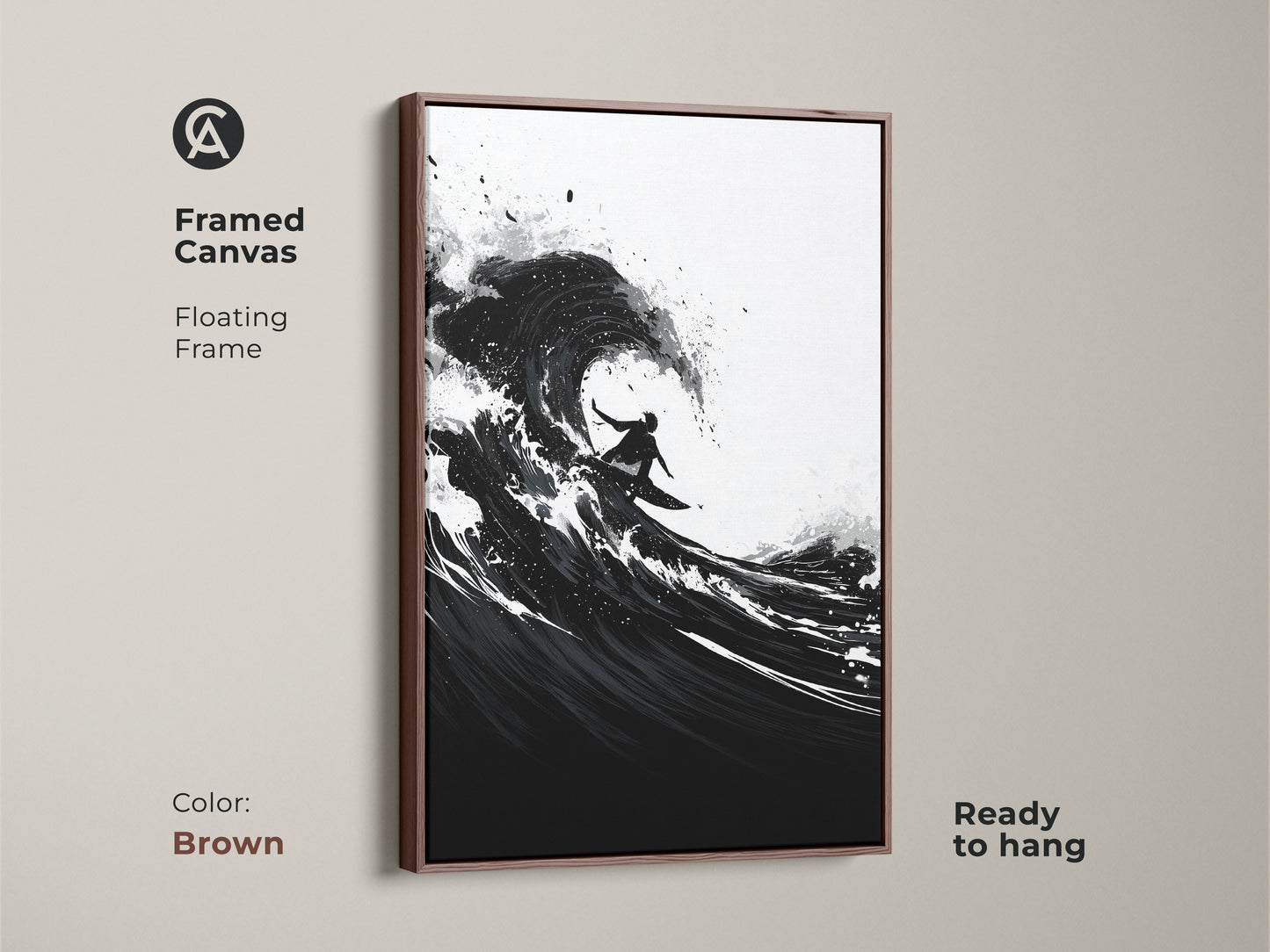 Framed canvas with a brown floating frame showcasing abstract ocean art. Monochrome surfer wall decor is ready to hang. Black and white coastal art complements bedroom decor.