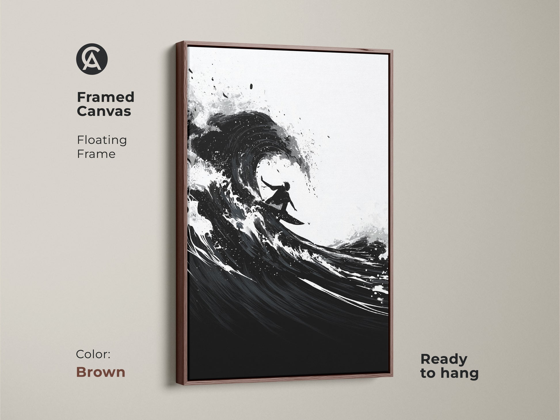 Framed canvas with a brown floating frame showcasing abstract ocean art. Monochrome surfer wall decor is ready to hang. Black and white coastal art complements bedroom decor.