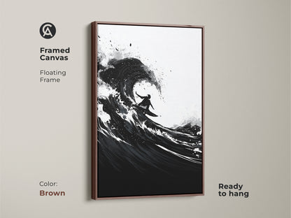 Framed canvas with a brown floating frame showcasing abstract ocean art. Monochrome surfer wall decor is ready to hang. Black and white coastal art complements bedroom decor.