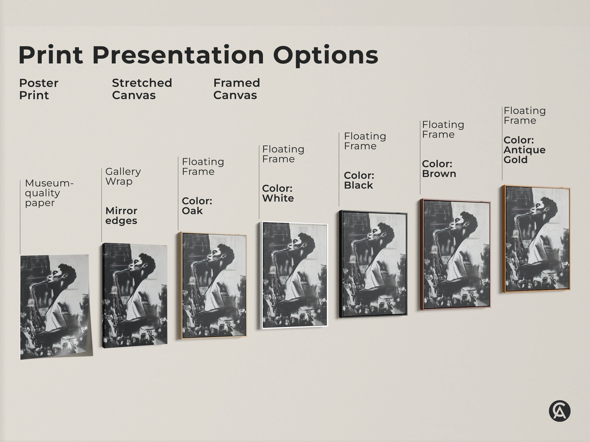 Explore print presentation options for the saxophonist artwork. Choose from poster print stretched canvas and framed canvas. Select your preferred frame color including white black brown oak and antique gold. Find the perfect option.