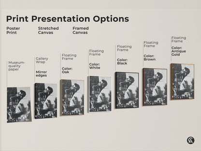 Explore print presentation options for the saxophonist artwork. Choose from poster print stretched canvas and framed canvas. Select your preferred frame color including white black brown oak and antique gold. Find the perfect option.