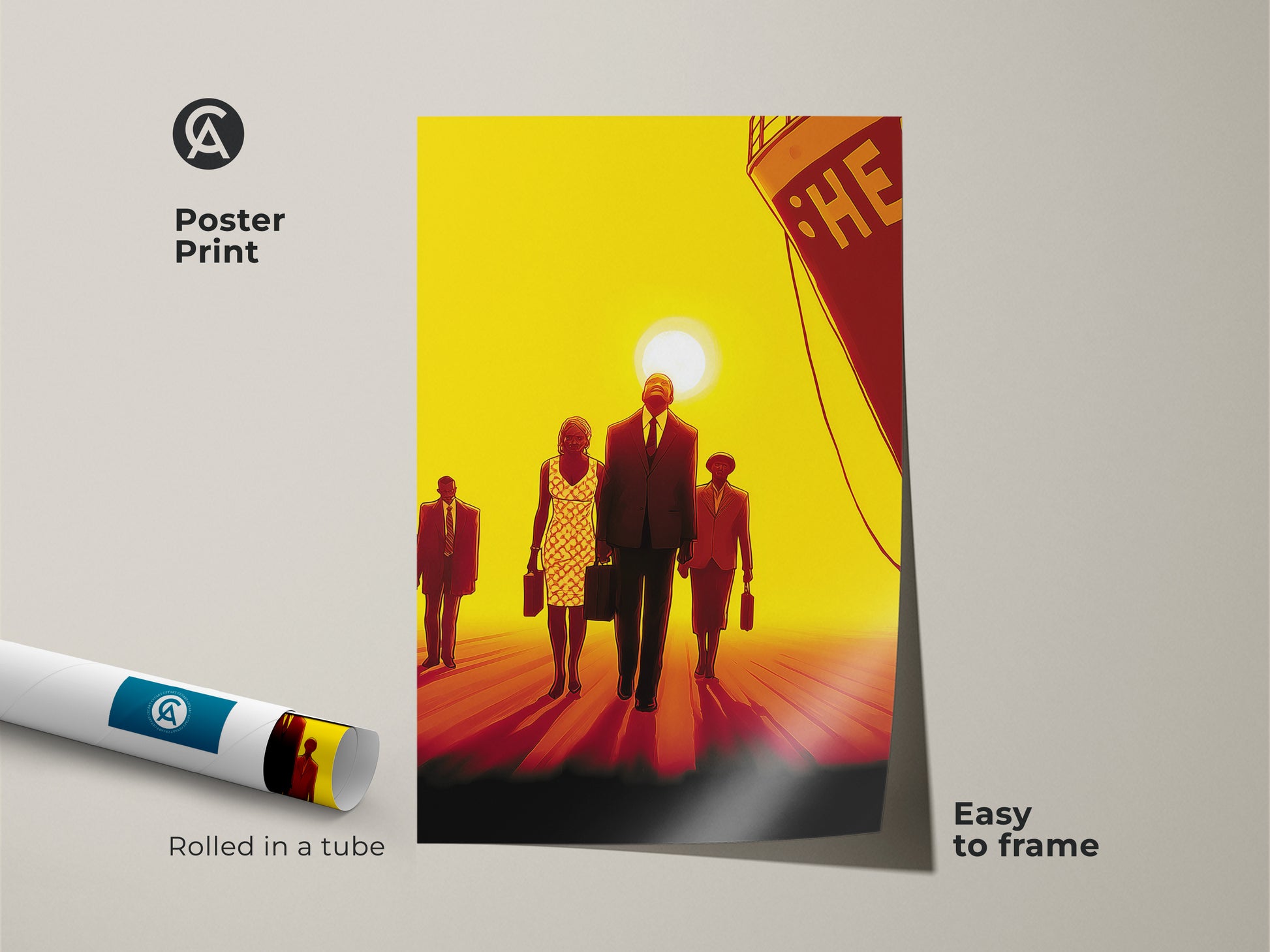 Poster print of a retro-inspired scene. People are walking towards a ship at sunset. Easy to frame. The artwork uses a contemporary style with a bold yellow red and orange palette. It's great as modern wall art.