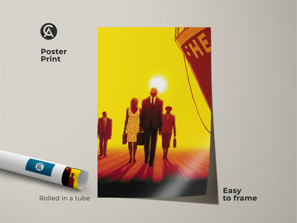 Poster print of a retro-inspired scene. People are walking towards a ship at sunset. Easy to frame. The artwork uses a contemporary style with a bold yellow red and orange palette. It's great as modern wall art.