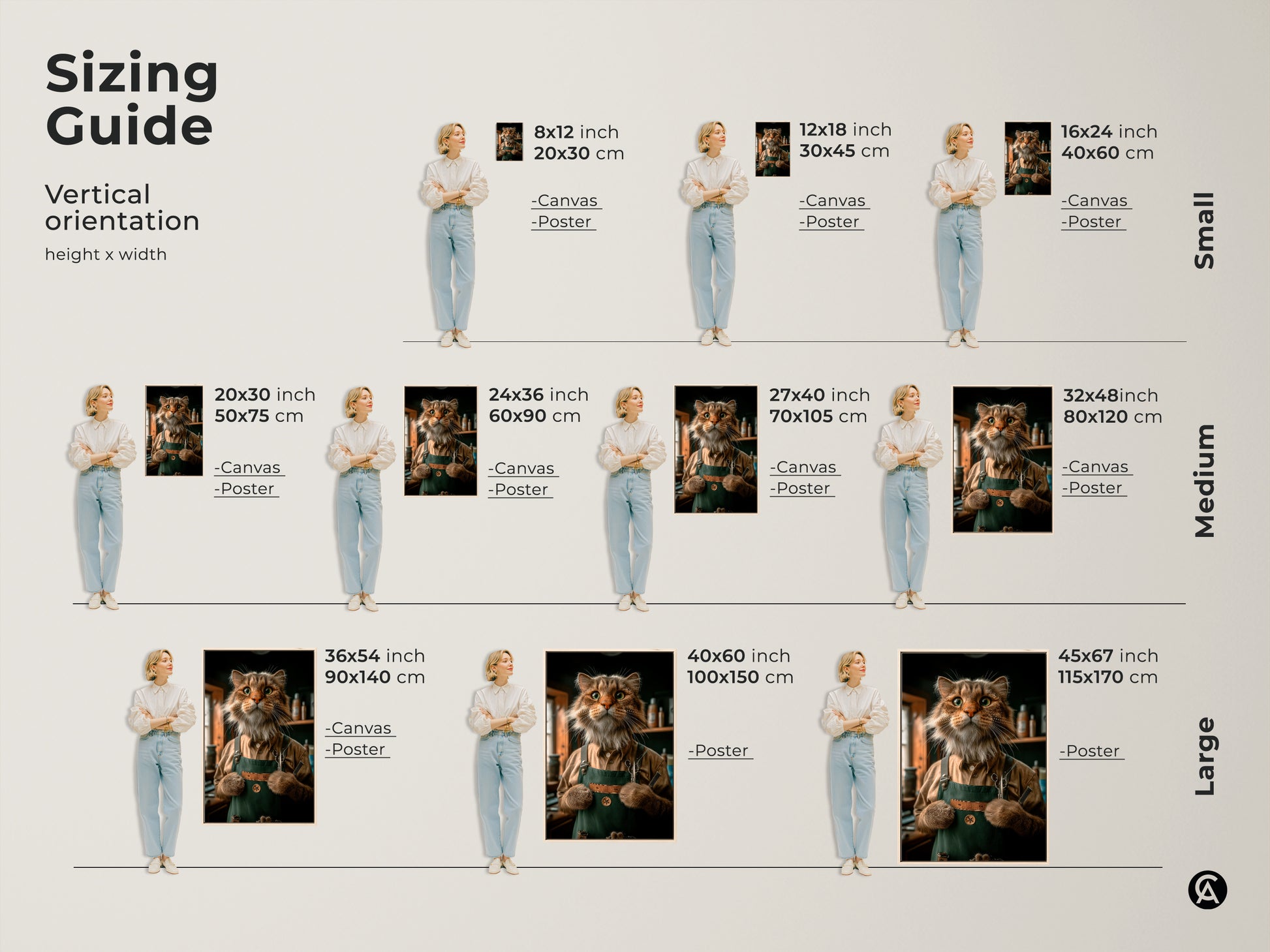 A sizing guide for vertical artwork orientation. The art print is available in small medium and large sizes. Options include canvas and poster prints. Ranging from 8x12 inches to 45x67 inches. The Funny Cat Barber is here.