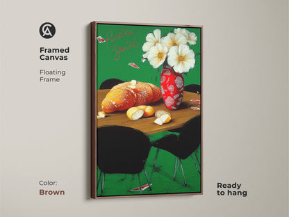 A framed canvas art of a French bakery still life with a brown floating frame. The art print shows bread and white flowers. It is a perfect wall art for your kitchen or dining room.
