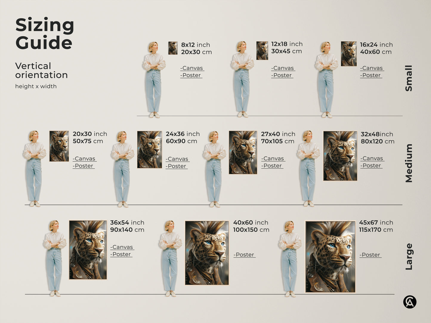 Sizing guide for the punk leopard art. Visualize the canvas and poster in small medium and large sizes. Find the perfect fit for your rockstar animal portrait. Great as an animal lover gift.