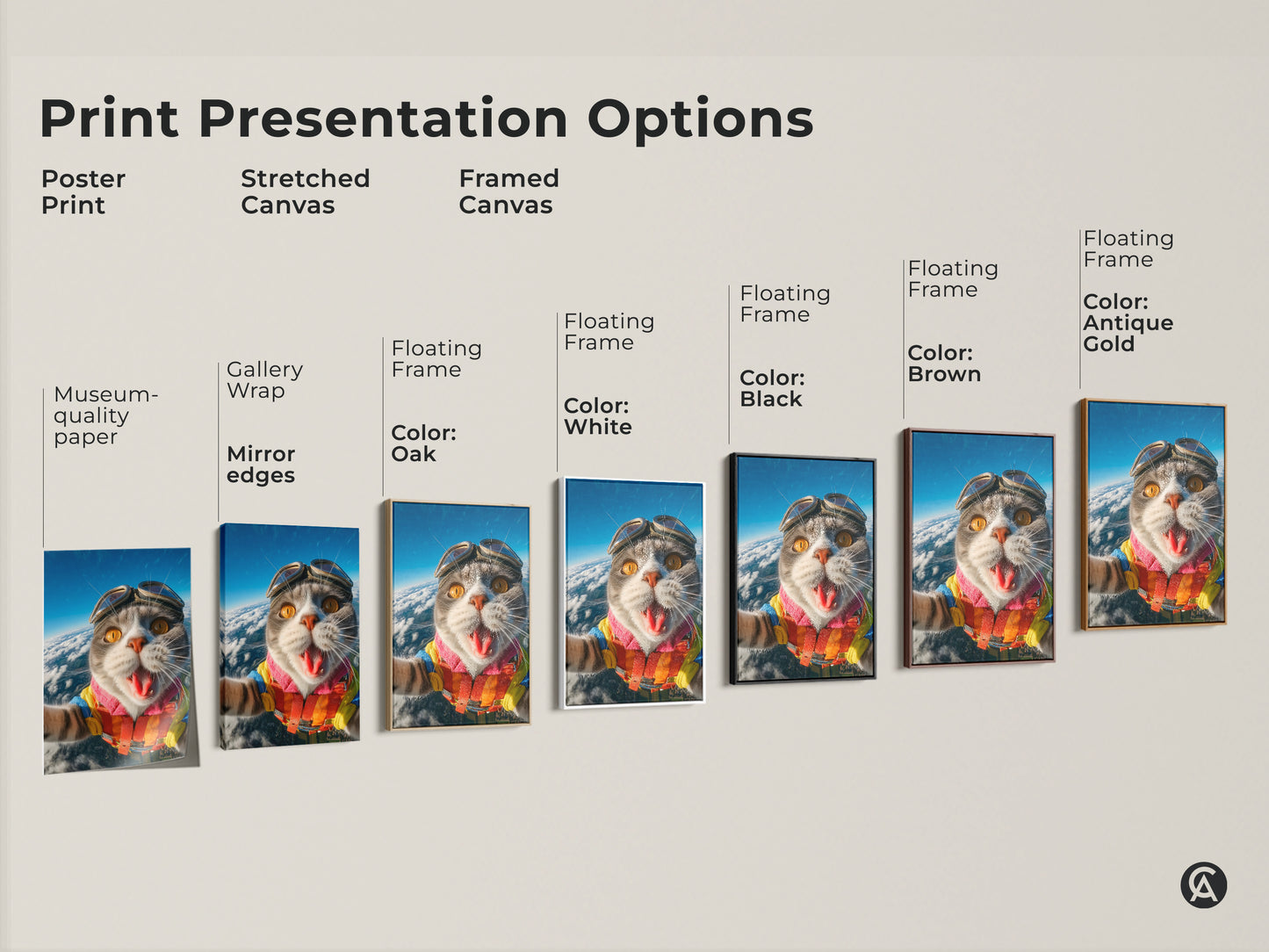 This image shows print presentation options. Options include a poster print a stretched canvas and a framed canvas. Each features a skydiving cat. Choose the perfect style for your space.