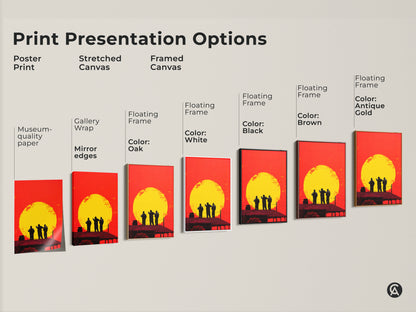 Print presentation options for urban rooftop figures art. Choose from poster print stretched canvas or framed canvas. Various floating frame colors available to match your decor style.