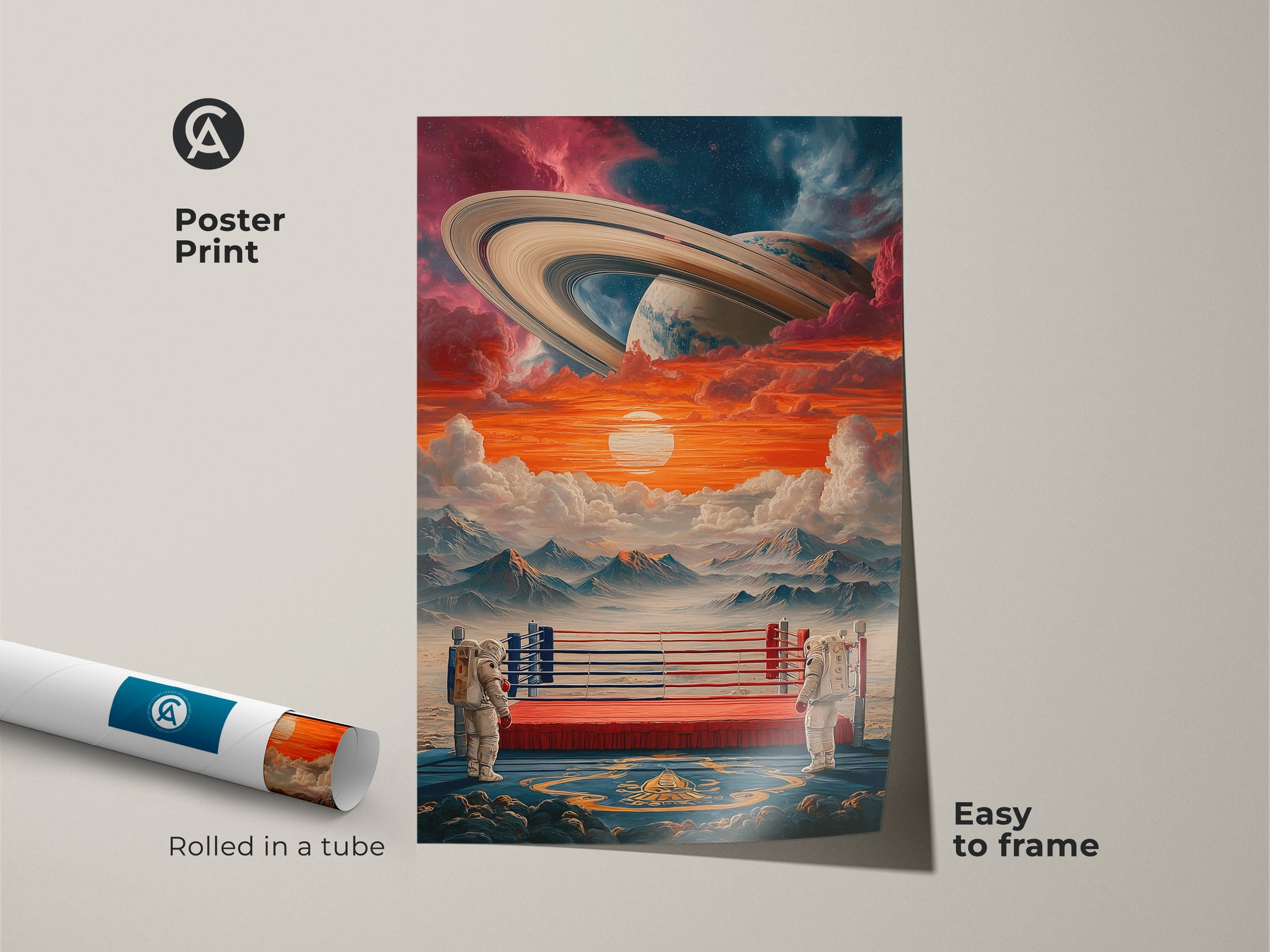 This poster print features a surreal astronaut boxing ring with Saturn planet art in space. Rolled in a tube the sci-fi home decor gift is easy to frame. The eclectic orange and blue art print is museum-quality.