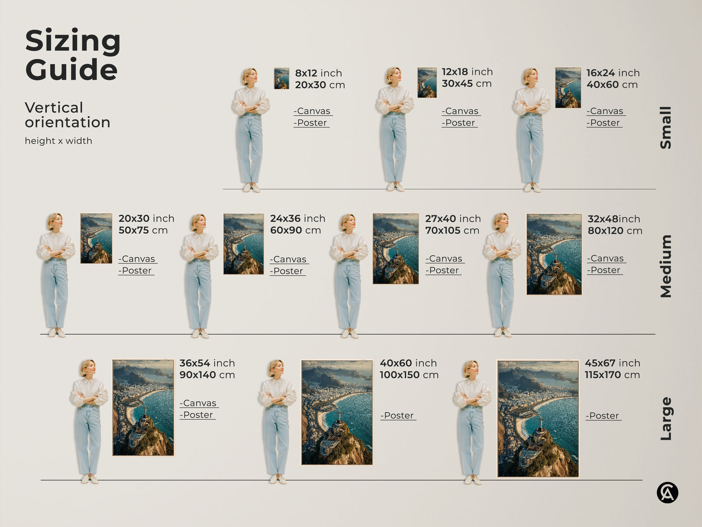 Sizing guide for vertical Christ the Redeemer canvas and poster prints. Find the ideal fit for your space. Options range from small 8x12 inch to large 45x67 inch prints. Visualize the artwork in different sizes. It helps you to enhance your home with this iconic Rio de Janeiro cityscape.