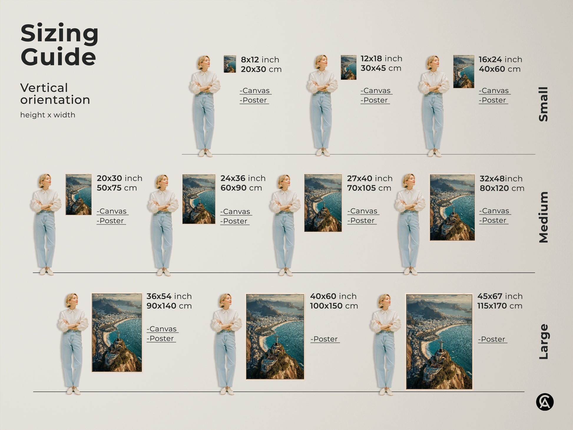 Sizing guide for vertical Christ the Redeemer canvas and poster prints. Find the ideal fit for your space. Options range from small 8x12 inch to large 45x67 inch prints. Visualize the artwork in different sizes. It helps you to enhance your home with this iconic Rio de Janeiro cityscape.
