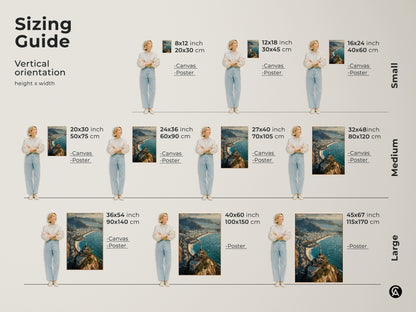 Sizing guide for vertical Christ the Redeemer canvas and poster prints. Find the ideal fit for your space. Options range from small 8x12 inch to large 45x67 inch prints. Visualize the artwork in different sizes. It helps you to enhance your home with this iconic Rio de Janeiro cityscape.