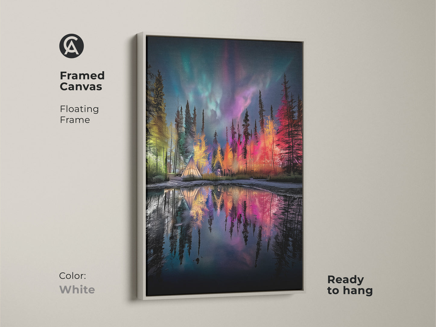 Framed Canvas showcasing an Aurora Borealis over a forest campsite with a tent. The white floating frame highlights the teal green and purple landscape decor. This ready to hang woodland night sky art brings nature's beauty to your home. This is a great magical aurora painting.