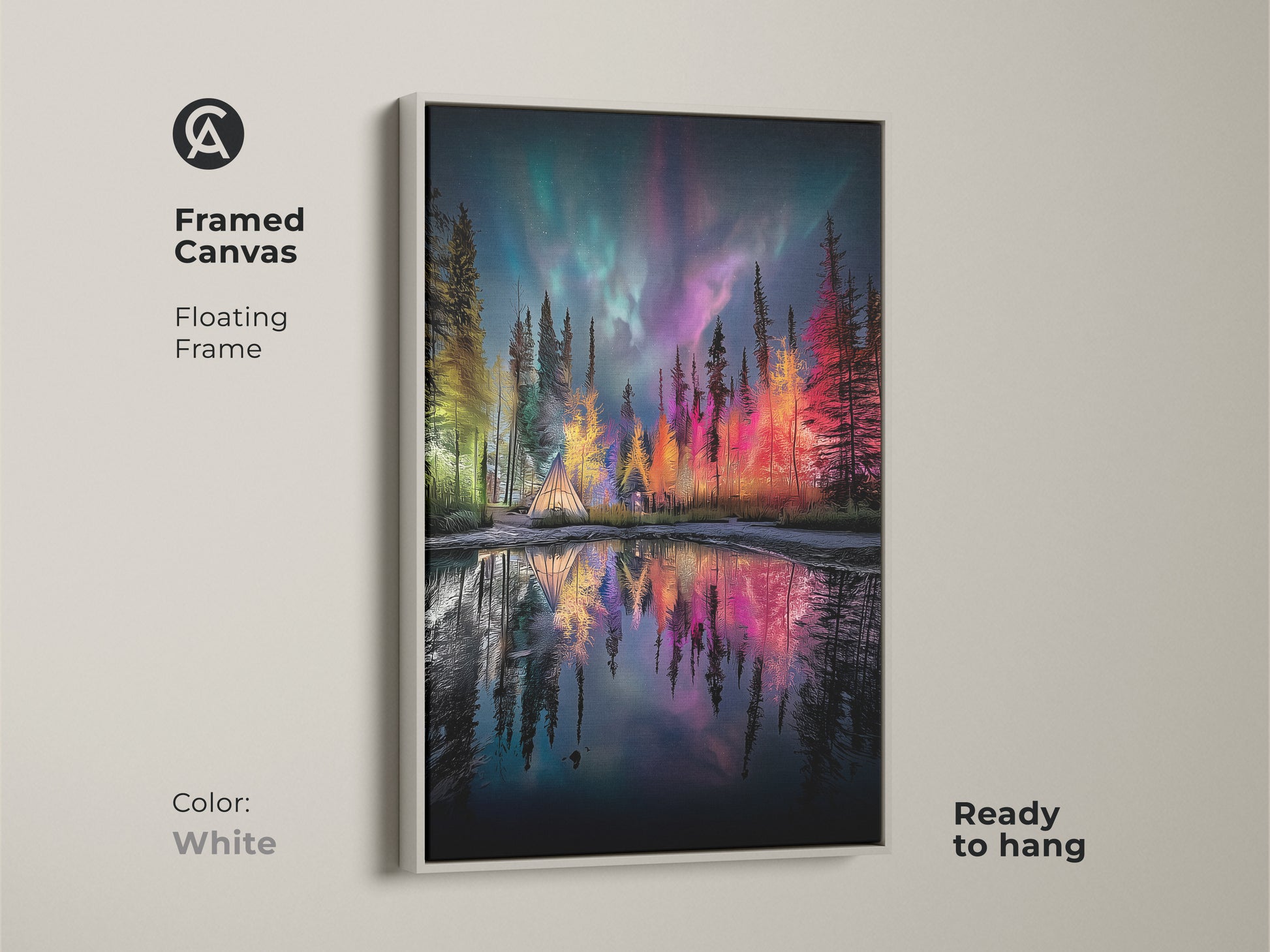 Framed Canvas showcasing an Aurora Borealis over a forest campsite with a tent. The white floating frame highlights the teal green and purple landscape decor. This ready to hang woodland night sky art brings nature's beauty to your home. This is a great magical aurora painting.