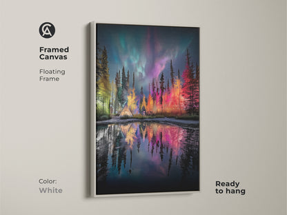Framed Canvas showcasing an Aurora Borealis over a forest campsite with a tent. The white floating frame highlights the teal green and purple landscape decor. This ready to hang woodland night sky art brings nature's beauty to your home. This is a great magical aurora painting.