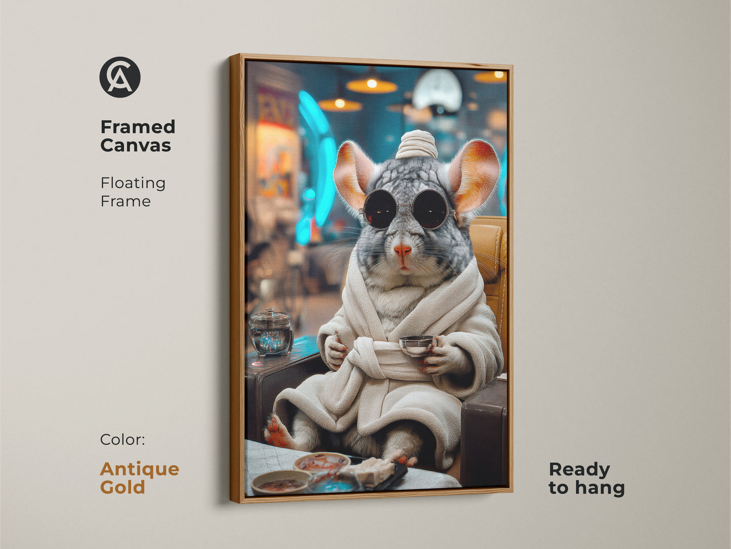Antique gold framed canvas print shows a surreal chinchilla in a robe. The funny animal wall art adds an eclectic touch. The gray brown teal artwork will stand out. It is ready to hang.