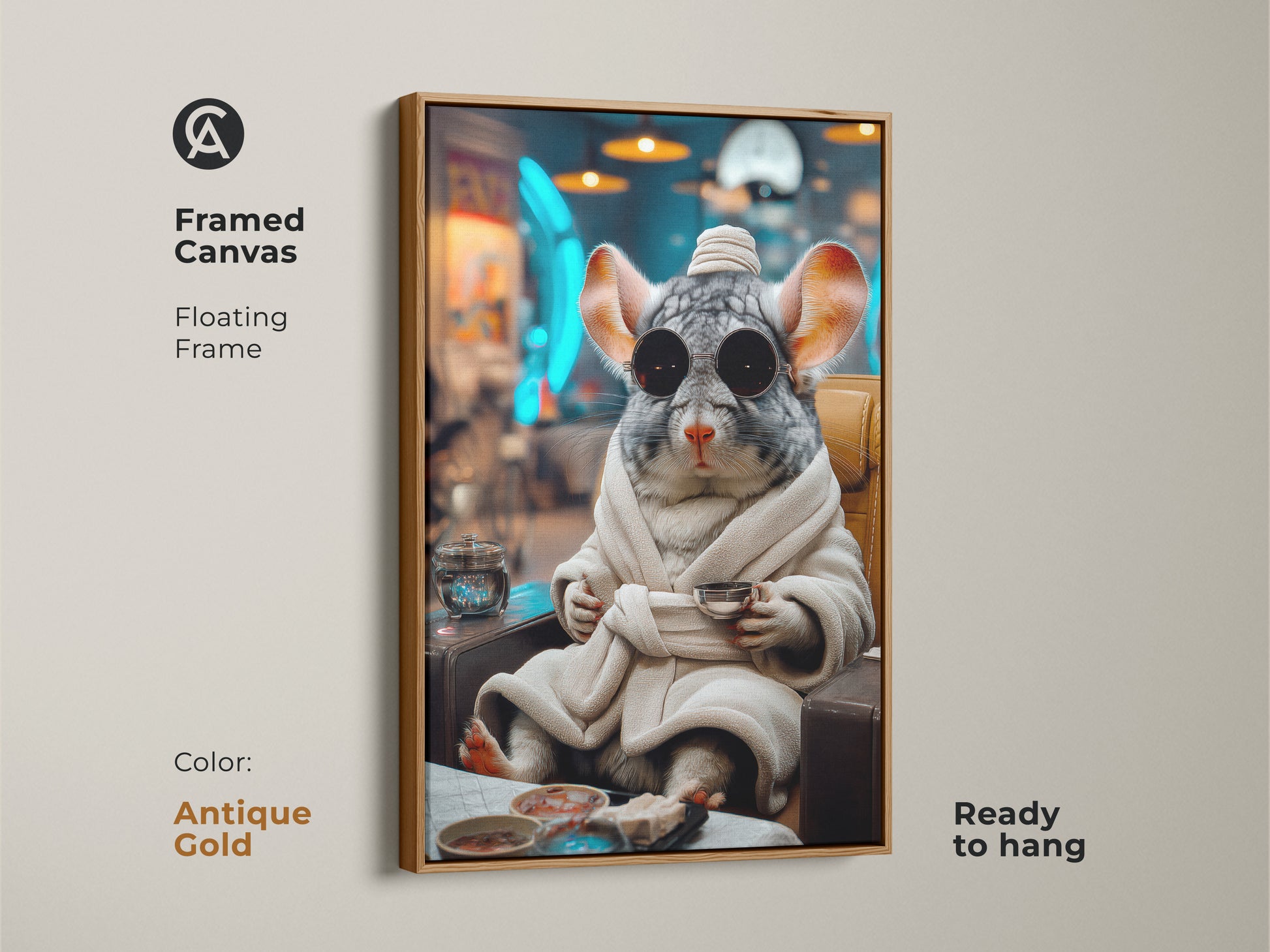 Antique gold framed canvas print shows a surreal chinchilla in a robe. The funny animal wall art adds an eclectic touch. The gray brown teal artwork will stand out. It is ready to hang.