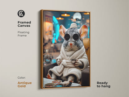 Antique gold framed canvas print shows a surreal chinchilla in a robe. The funny animal wall art adds an eclectic touch. The gray brown teal artwork will stand out. It is ready to hang.