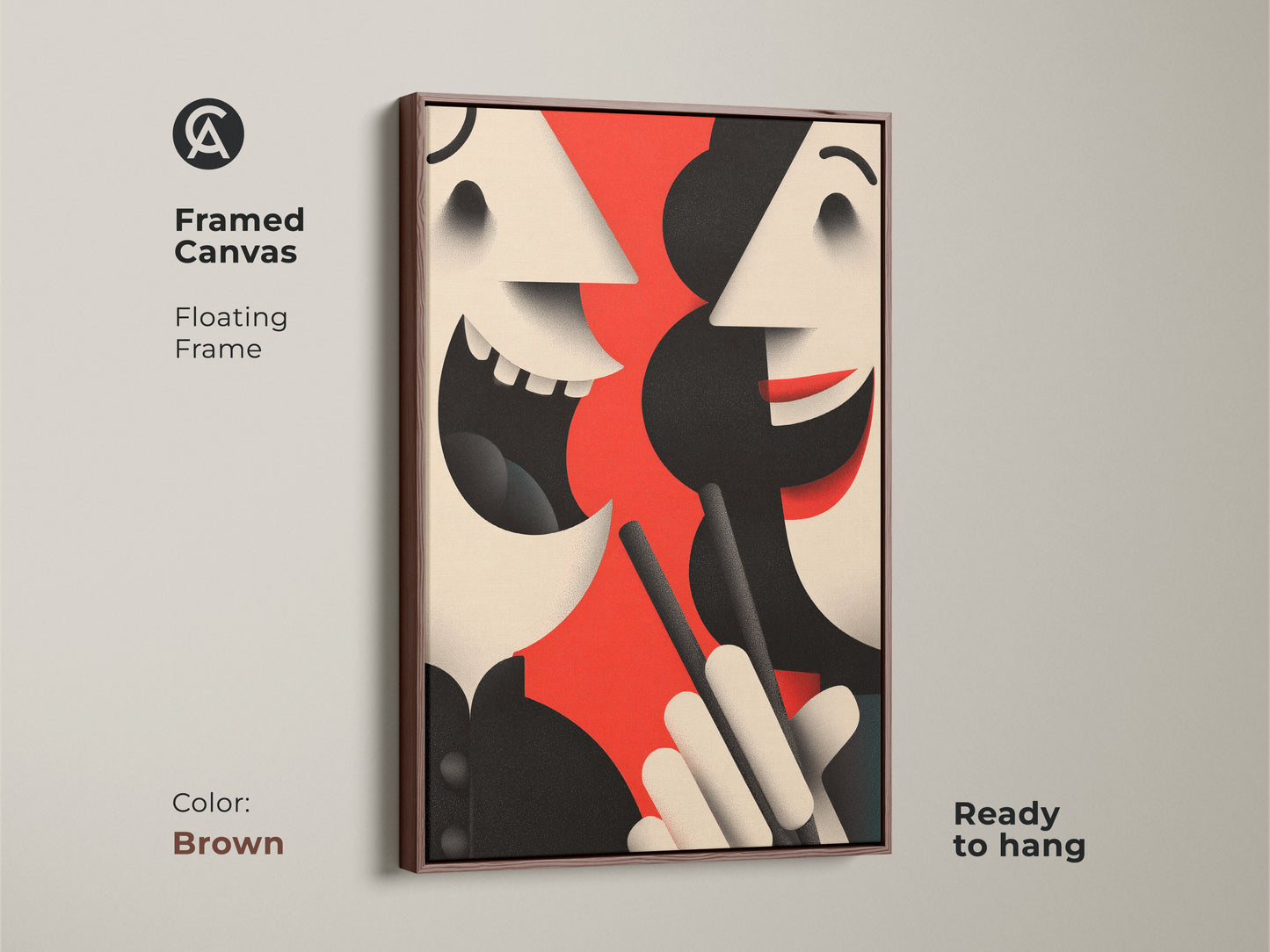 Framed abstract face canvas in a sophisticated brown floating frame. This modern art piece is ready to hang. The figurative artwork uses a red black and beige color palette.
