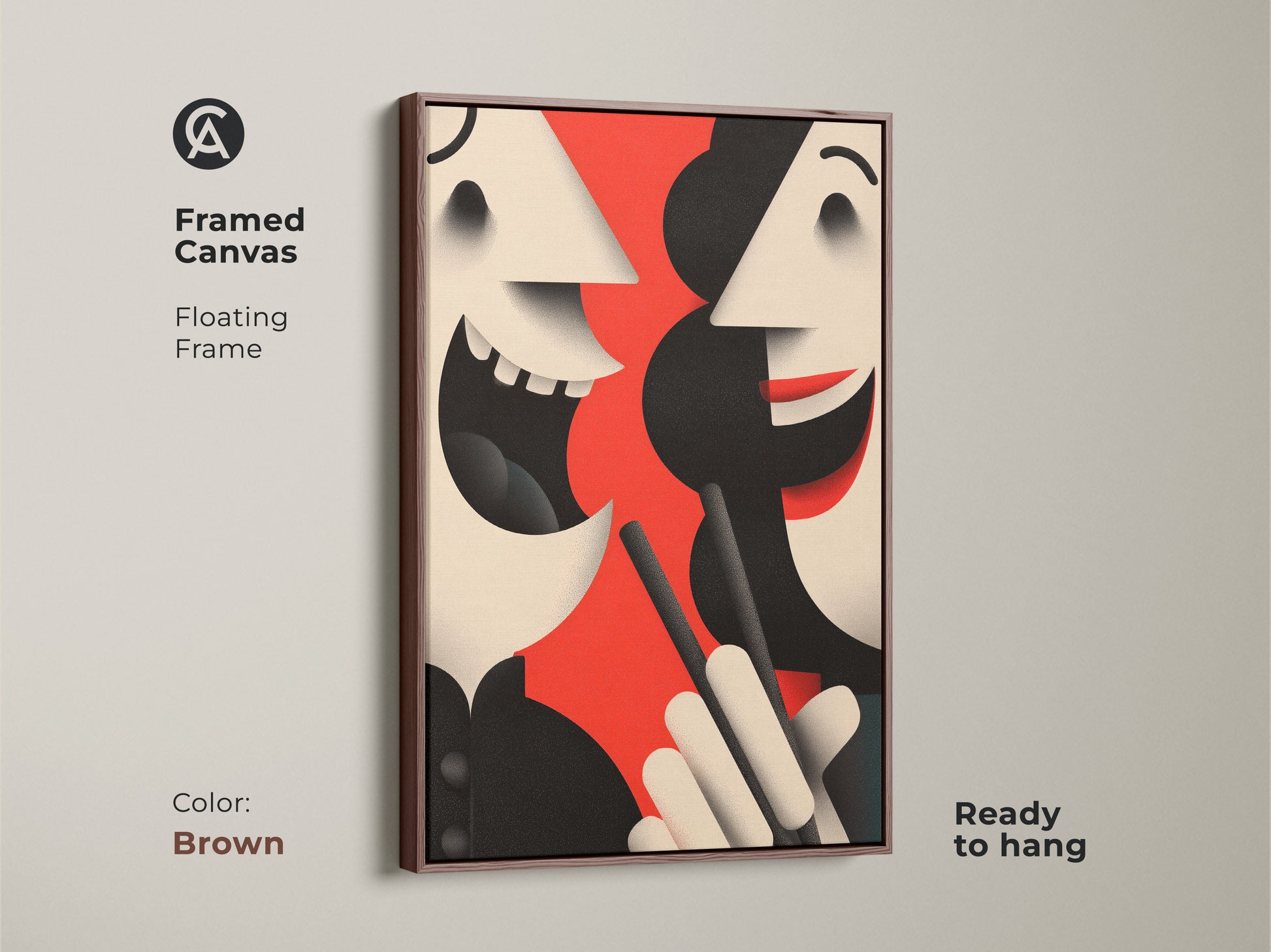 Framed abstract face canvas in a sophisticated brown floating frame. This modern art piece is ready to hang. The figurative artwork uses a red black and beige color palette.