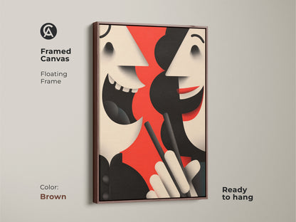 Framed abstract face canvas in a sophisticated brown floating frame. This modern art piece is ready to hang. The figurative artwork uses a red black and beige color palette.