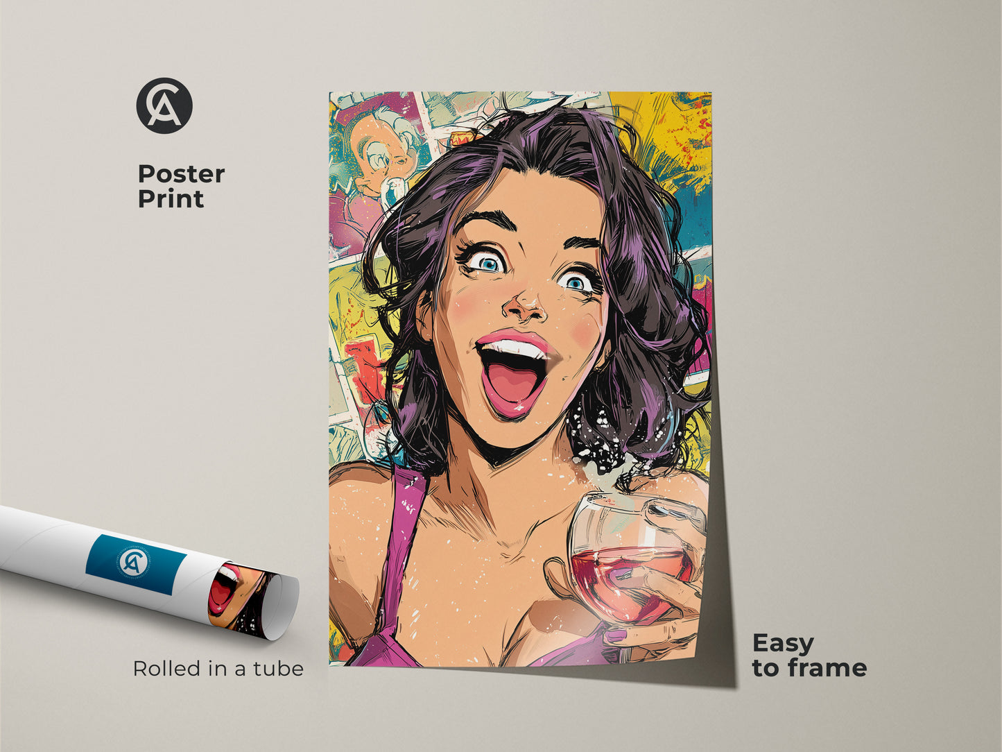 Poster print of a woman enjoying wine in pop art style. The artwork is easy to frame and rolled in a tube for safe shipping. This unique wall hanging showcases bold lines and a color palette of yellow pink and teal.