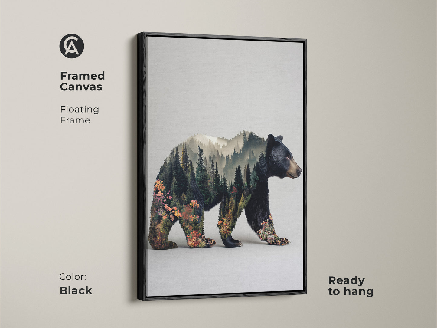 Black framed canvas of a bear double exposure wall art. Floating frame enhances rustic modern animal art. This nature lovers gift idea is ready to hang. The forest landscape canvas print adds earthy tones to your living room or bedroom.