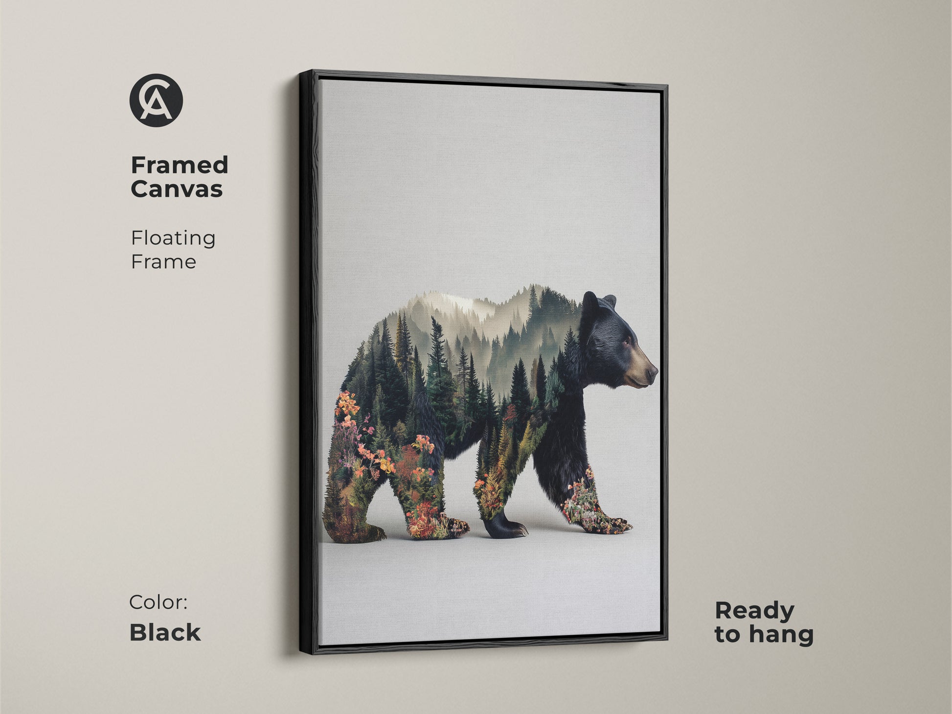 Black framed canvas of a bear double exposure wall art. Floating frame enhances rustic modern animal art. This nature lovers gift idea is ready to hang. The forest landscape canvas print adds earthy tones to your living room or bedroom.