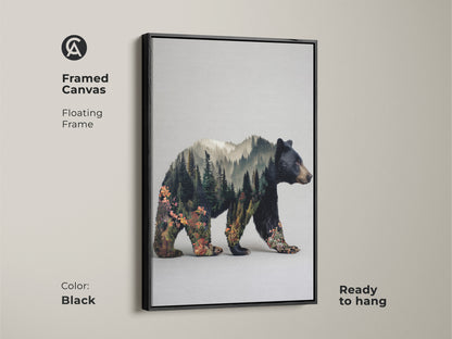 Black framed canvas of a bear double exposure wall art. Floating frame enhances rustic modern animal art. This nature lovers gift idea is ready to hang. The forest landscape canvas print adds earthy tones to your living room or bedroom.