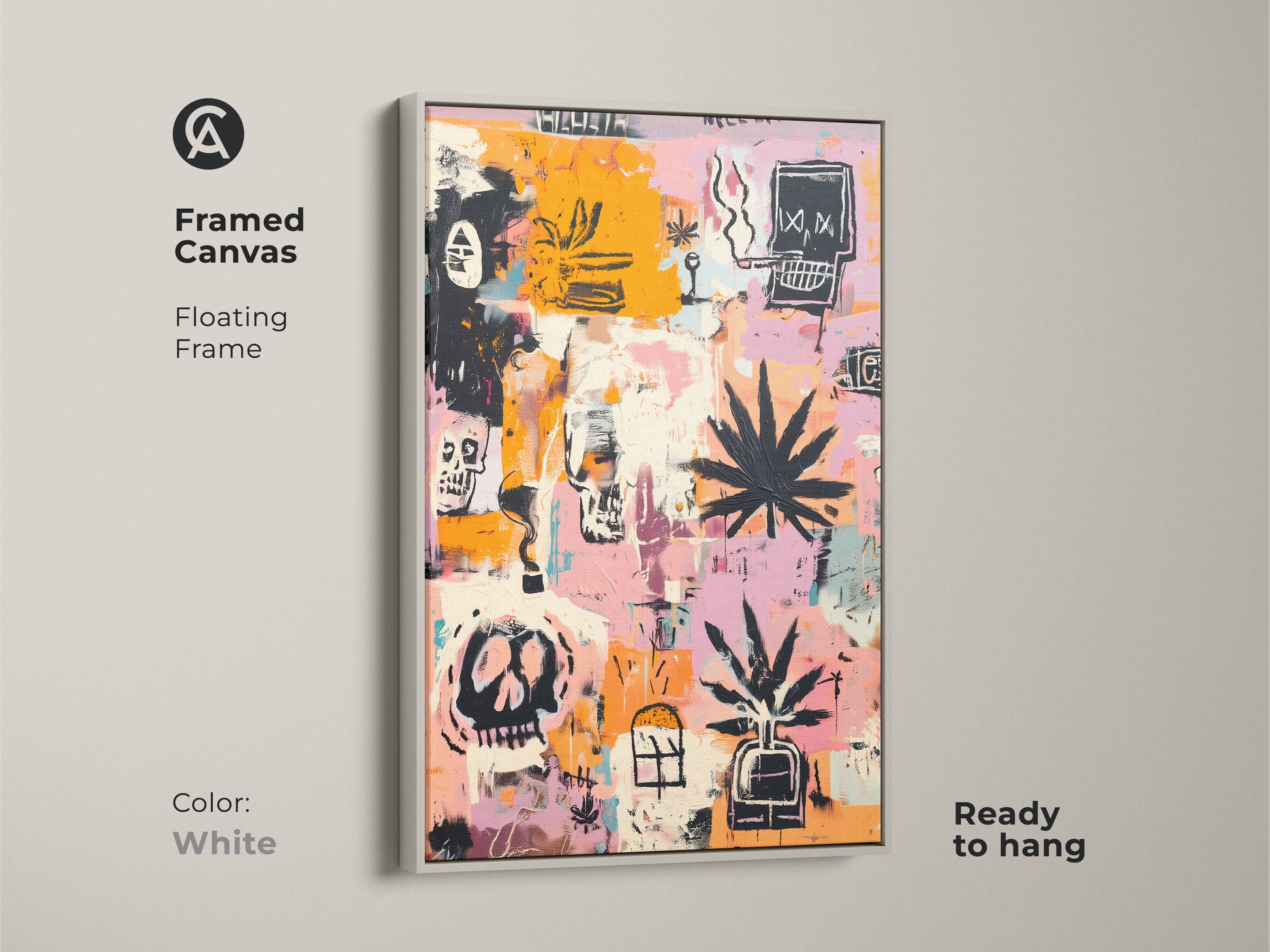 Framed canvas art in a white floating frame. The artwork features skulls and cannabis leaves. Ready to hang. This graffiti-style art adds a modern touch. Perfect for art enthusiasts. Elevate your home decor with this unique framed print.