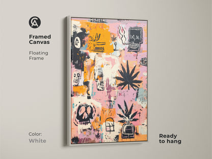 Framed canvas art in a white floating frame. The artwork features skulls and cannabis leaves. Ready to hang. This graffiti-style art adds a modern touch. Perfect for art enthusiasts. Elevate your home decor with this unique framed print.