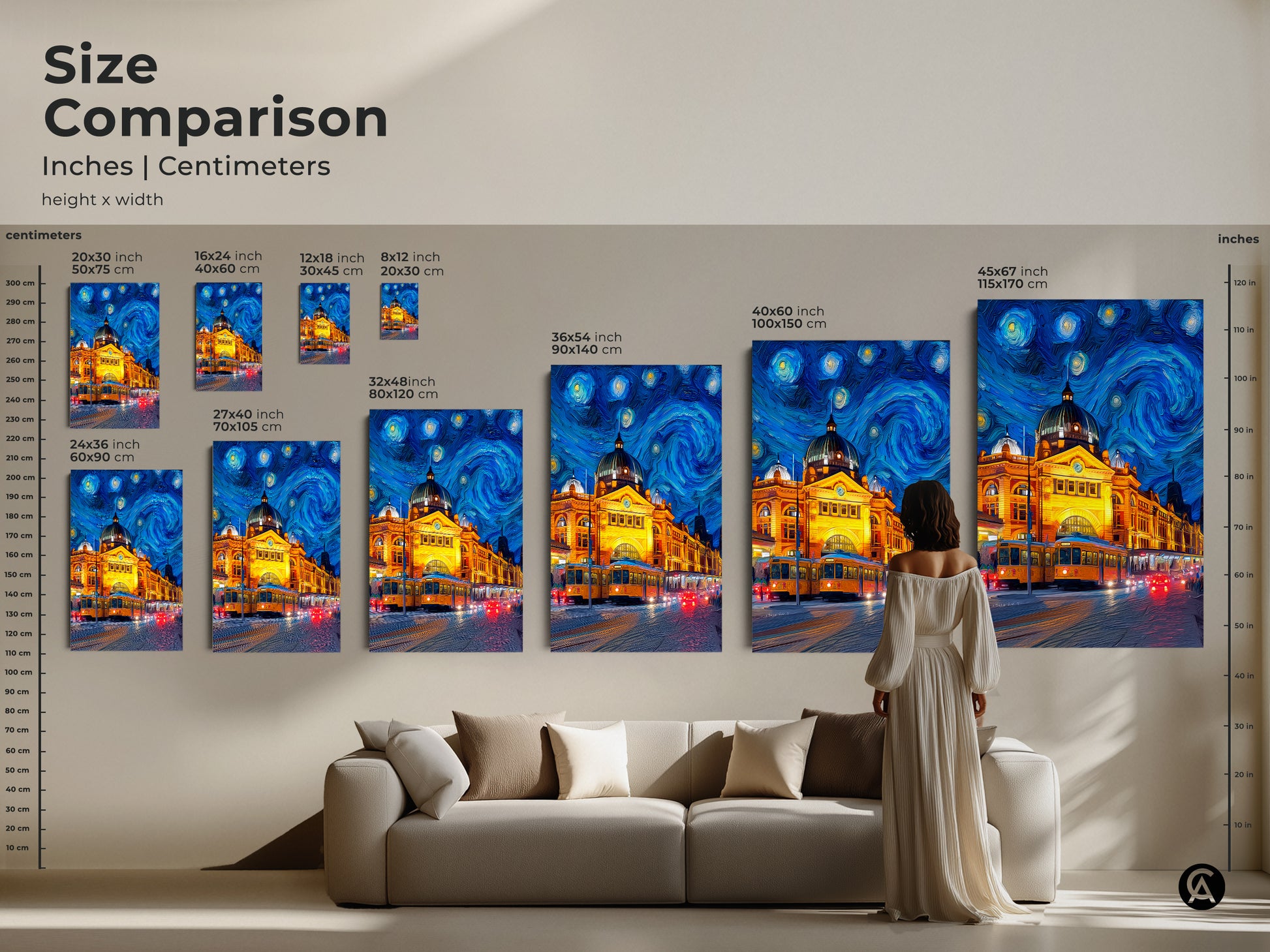 Size comparison for Flinders Street Station artwork in inches and centimeters. See how the different sizes look next to a couch. Available in various sizes. Find the perfect fit for your wall. Shop now