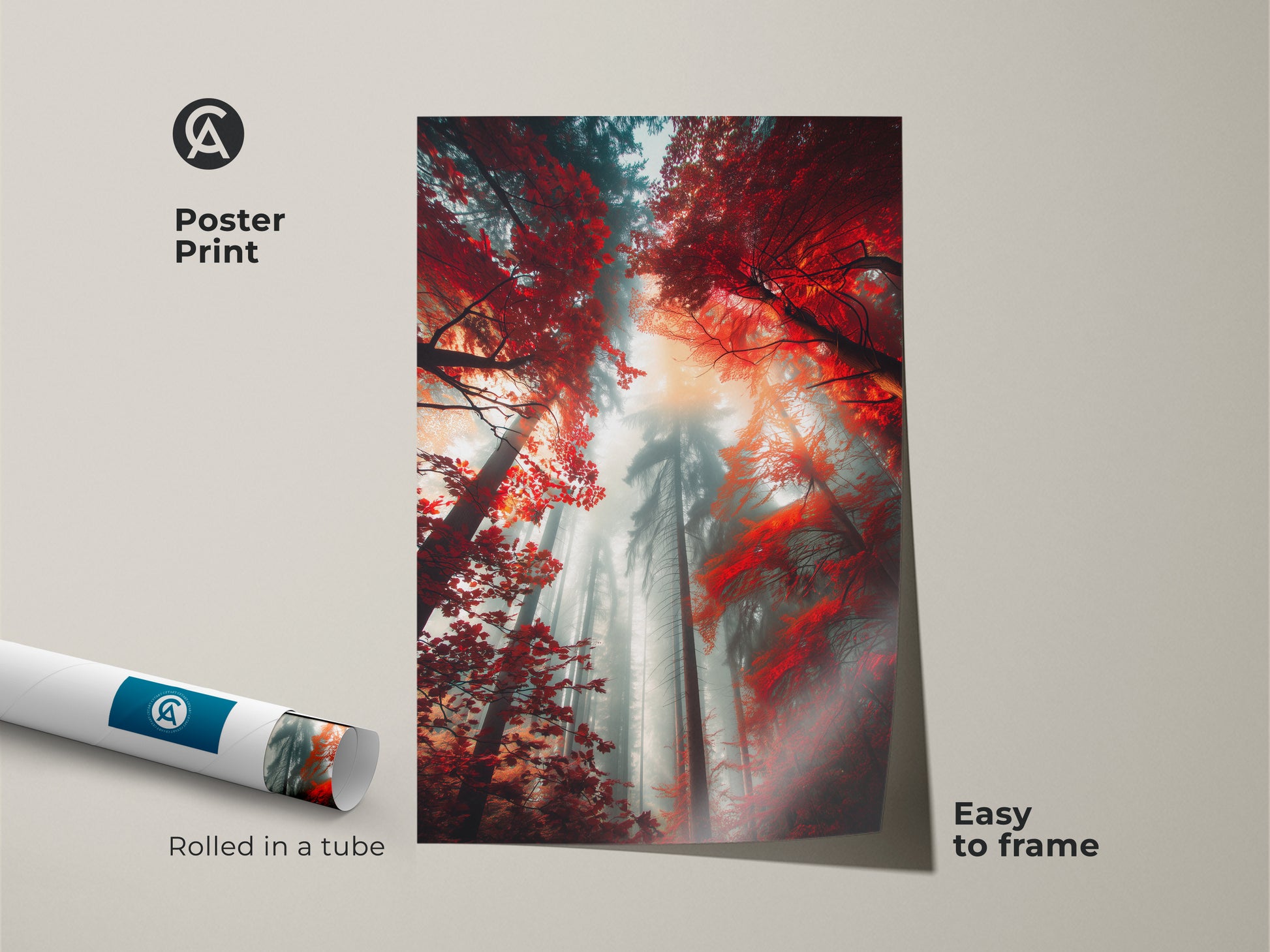 Poster print featuring a misty forest scene. The tall trees and red foliage create a visually stunning landscape. This museum-quality paper print is rolled in a tube for easy framing. Add natural beauty to your walls with this forest art.