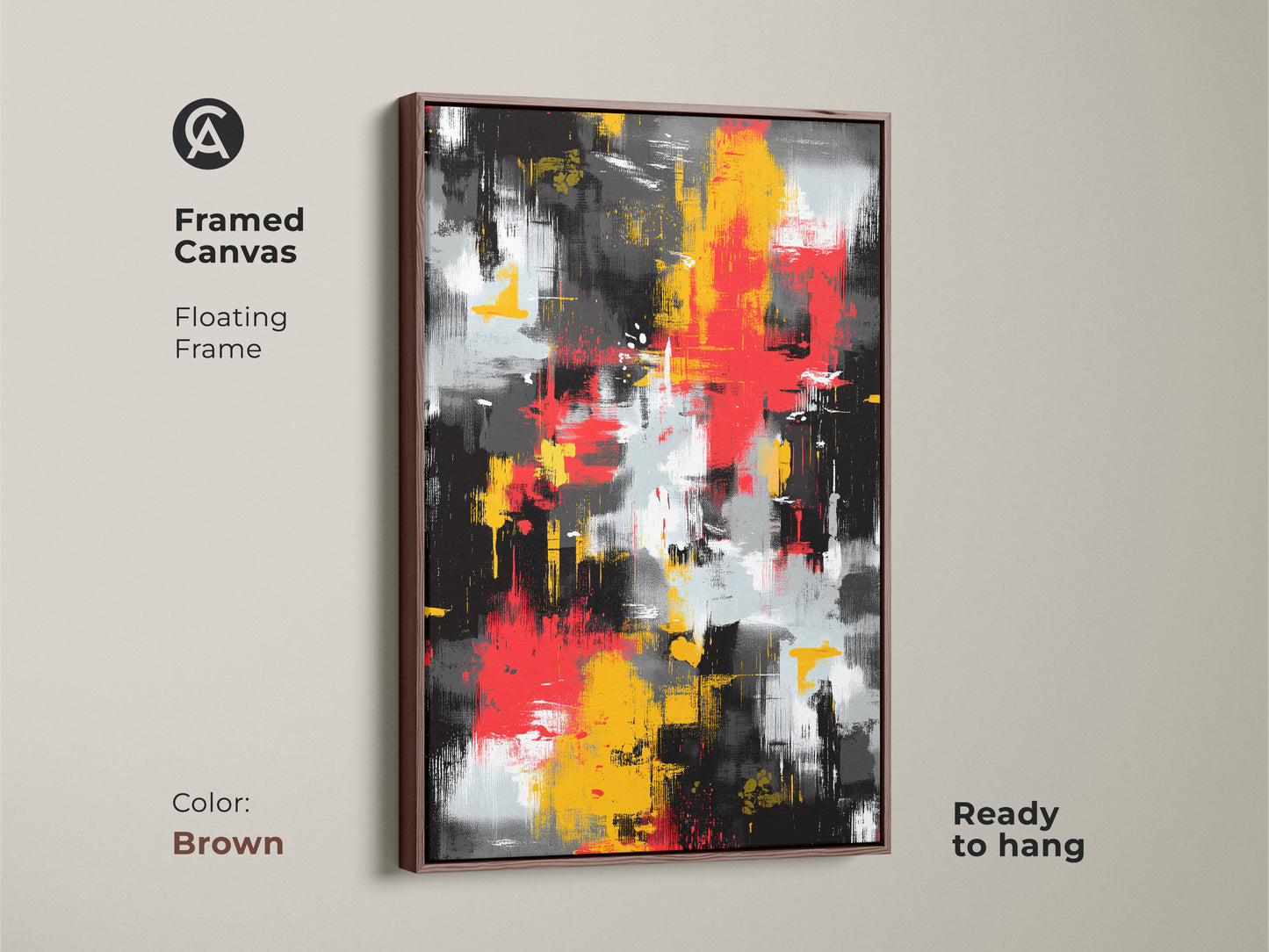 Framed canvas art featuring an abstract painting with a brown floating frame. The contemporary artwork includes bold strokes of red yellow and black. Ready to hang this modern art piece adds a stylish touch to your home.