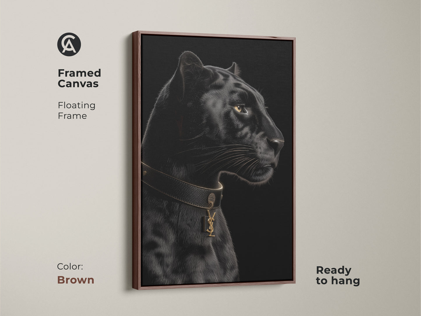 Framed canvas print of a black panther. This contemporary animal art piece features a floating frame in brown. The gold collar adds luxury. Ready to hang. Ideal for modern wildlife decor.