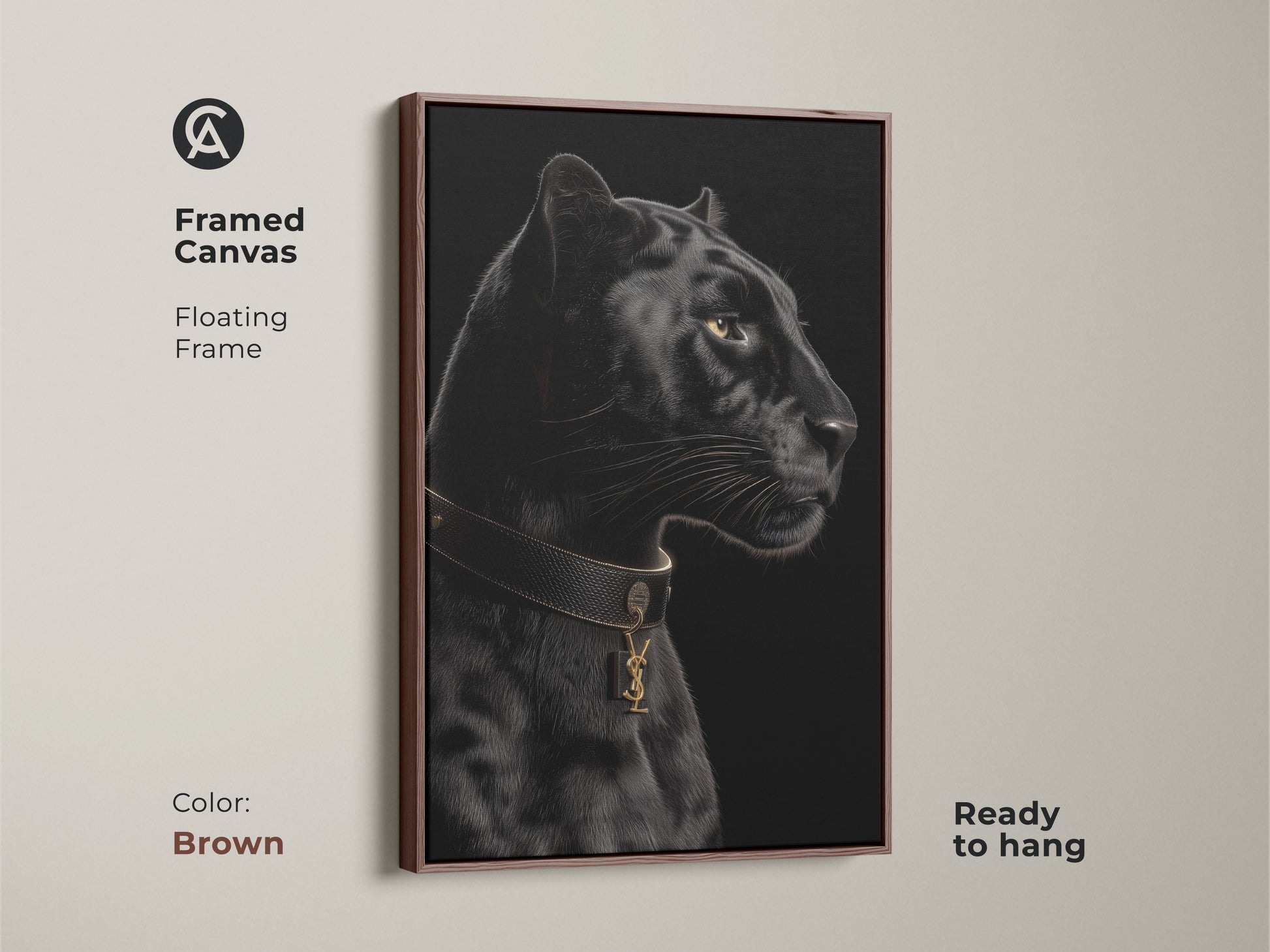 Framed canvas print of a black panther. This contemporary animal art piece features a floating frame in brown. The gold collar adds luxury. Ready to hang. Ideal for modern wildlife decor.