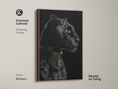 Framed canvas print of a black panther. This contemporary animal art piece features a floating frame in brown. The gold collar adds luxury. Ready to hang. Ideal for modern wildlife decor.