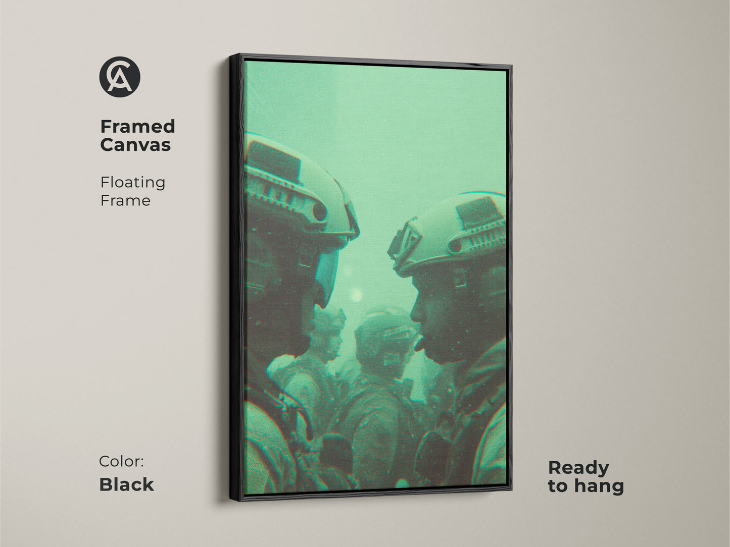 Framed canvas artwork of soldiers wearing helmets in black floating frame. The green toned military art is ready to hang. Elevate your home decor with this unique piece. Shop framed art today