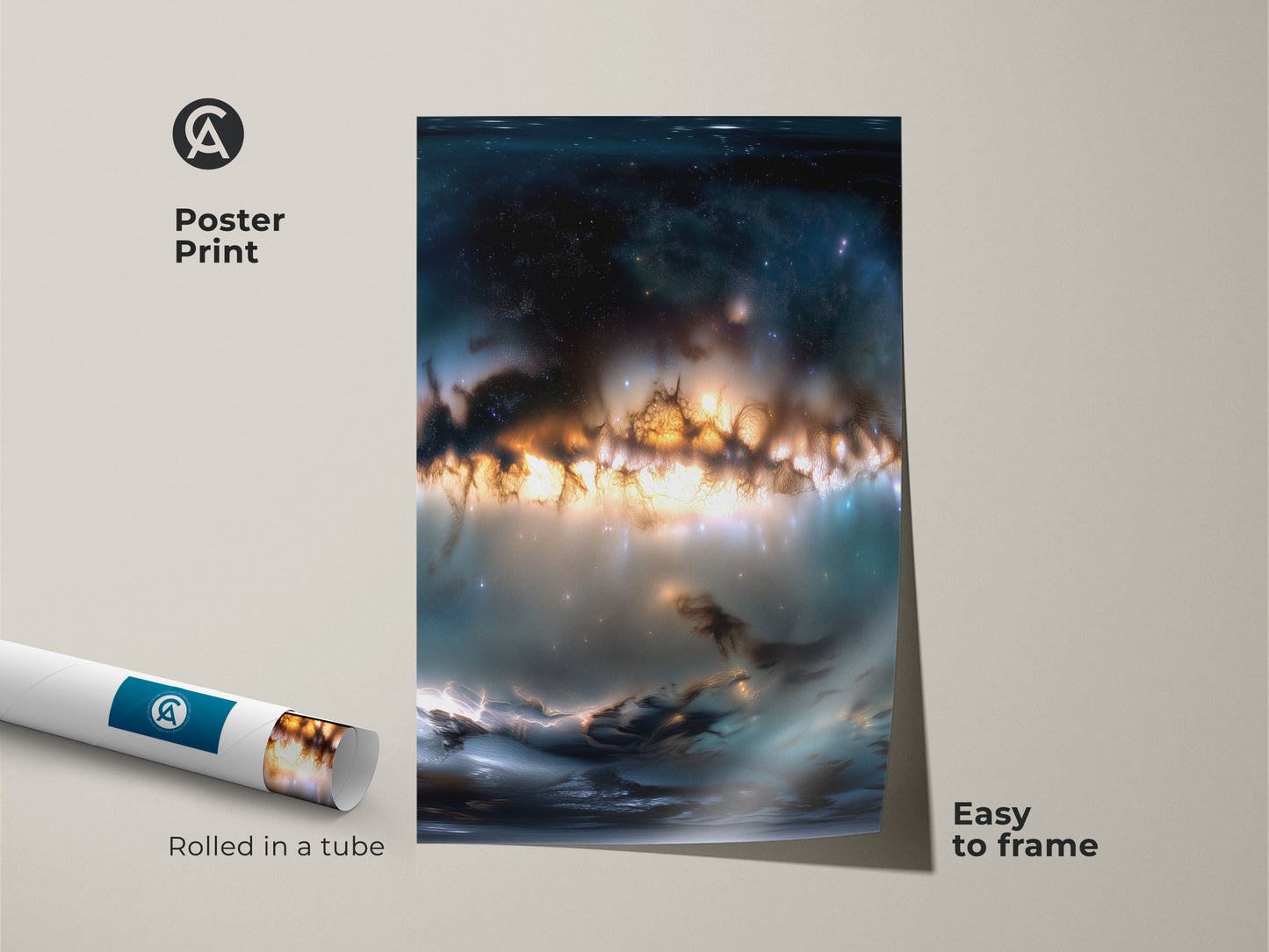 Poster print of space artwork rolled in a tube. The nebula art includes orange and blue tones. This poster is easy to frame. Get this museum-quality paper print for a striking wall decor. A great piece for art lovers.