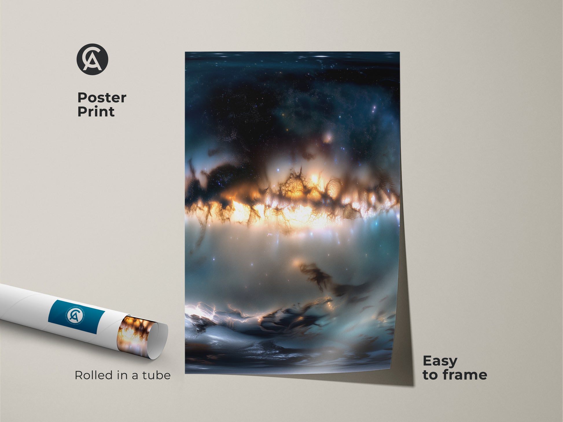Poster print of space artwork rolled in a tube. The nebula art includes orange and blue tones. This poster is easy to frame. Get this museum-quality paper print for a striking wall decor. A great piece for art lovers.