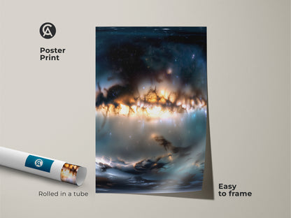 Poster print of space artwork rolled in a tube. The nebula art includes orange and blue tones. This poster is easy to frame. Get this museum-quality paper print for a striking wall decor. A great piece for art lovers.