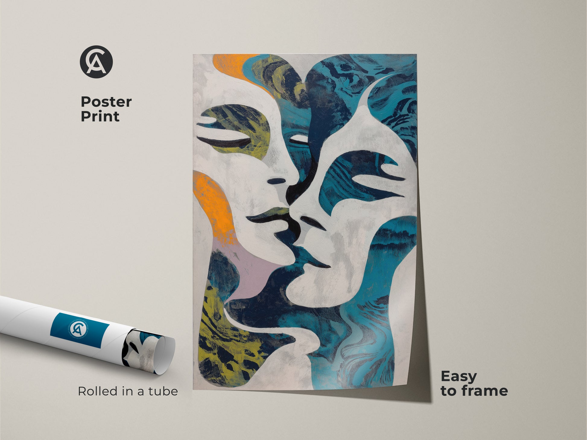 This abstract figure painting features intertwined figures in teal and orange. A modern artwork that serves as eclectic home art. Perfect for adding a contemporary touch to your living room. It is a unique wall art decor for art collectors.