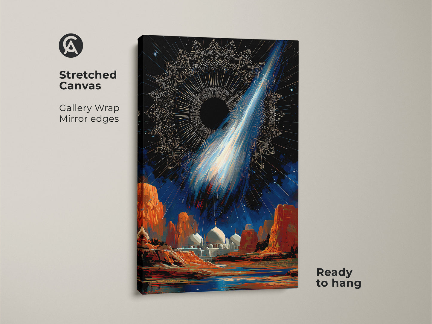 Stretched canvas showcases surreal space mosque artwork. A gallery wrap features mirror edges. The celestial comet wall art is ready to hang. The cosmic night sky decor features deep blue and orange tones. This abstract celestial print adds an otherwordly feel to any room.