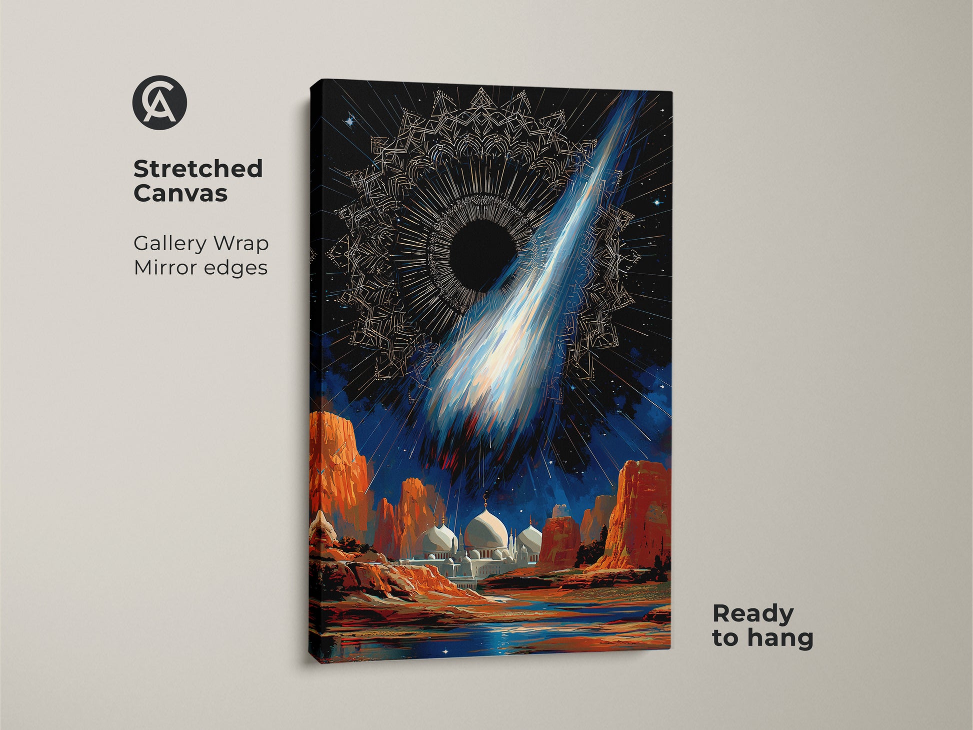 Stretched canvas showcases surreal space mosque artwork. A gallery wrap features mirror edges. The celestial comet wall art is ready to hang. The cosmic night sky decor features deep blue and orange tones. This abstract celestial print adds an otherwordly feel to any room.