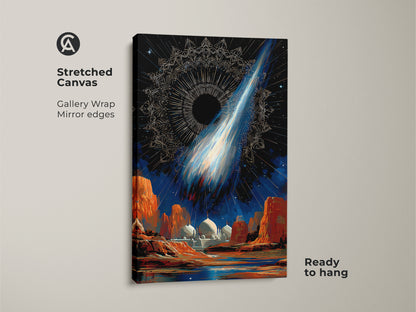 Stretched canvas showcases surreal space mosque artwork. A gallery wrap features mirror edges. The celestial comet wall art is ready to hang. The cosmic night sky decor features deep blue and orange tones. This abstract celestial print adds an otherwordly feel to any room.