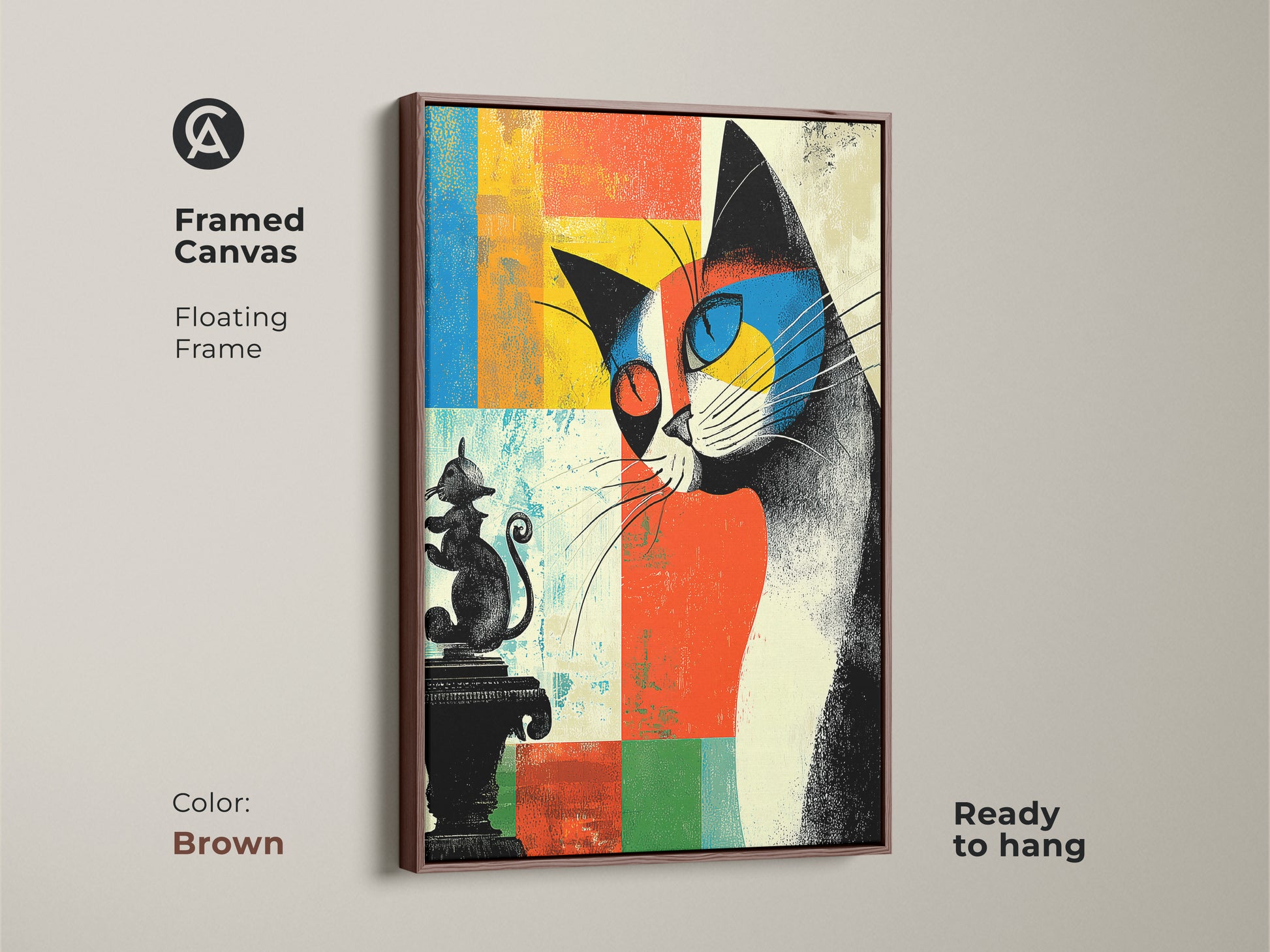 Framed canvas with a floating frame displays abstract cat art. This piece is a unique blend of modern and eclectic styles. The brown frame enhances the warm tones. Ready to hang and perfect for any cat lover's home.
