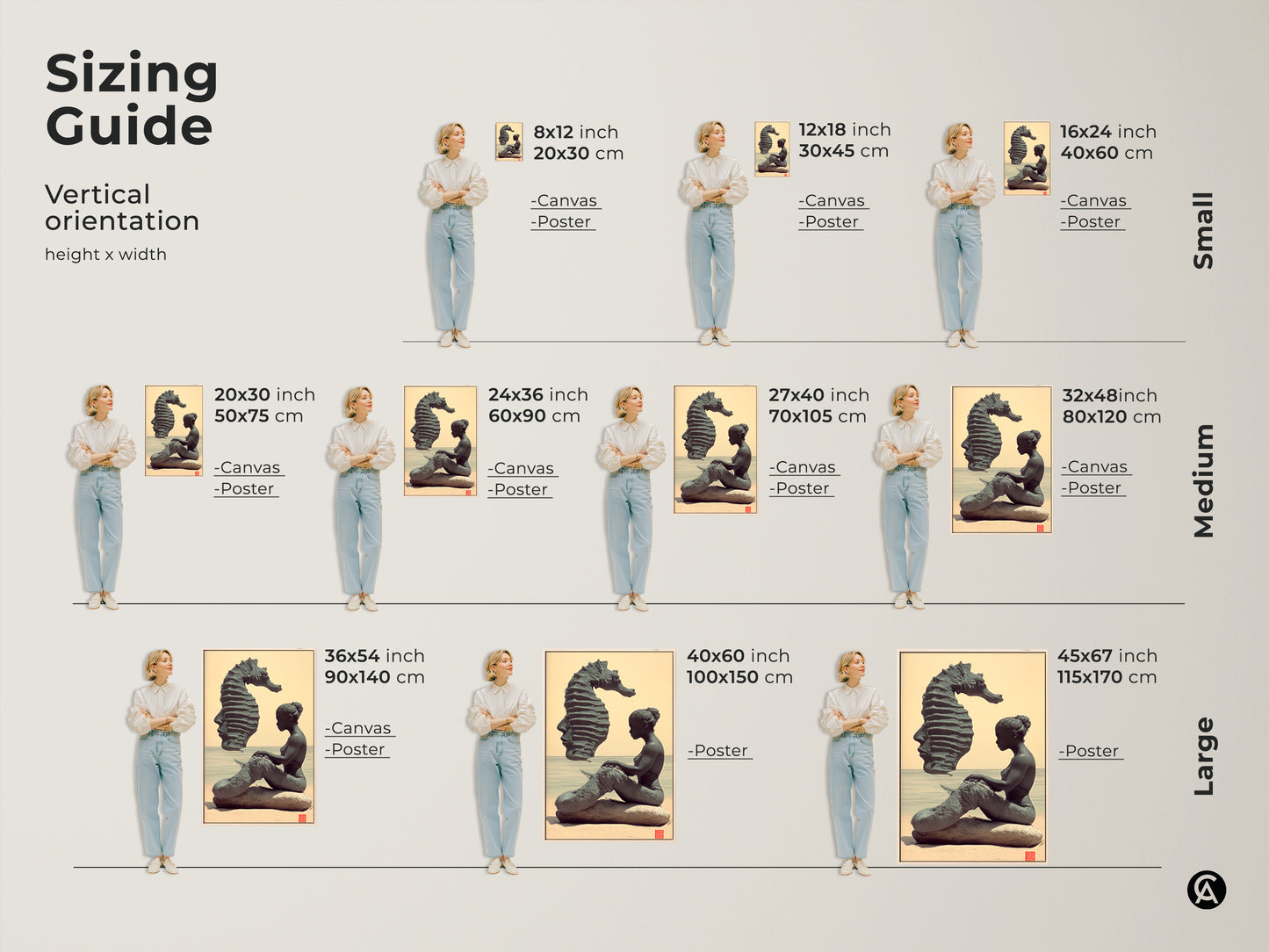 Sizing guide for vertical orientation of fantasy art prints. Visualize canvas and poster sizes with the mermaid and seahorse artwork. Find the perfect fit for your bedroom wall decor art here.
