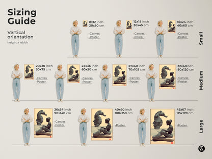 Sizing guide for vertical orientation of fantasy art prints. Visualize canvas and poster sizes with the mermaid and seahorse artwork. Find the perfect fit for your bedroom wall decor art here.